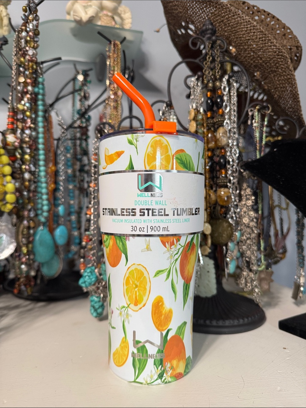 Wellness Stainless Steel Tumbler - Orange Citrus Print, 30 oz